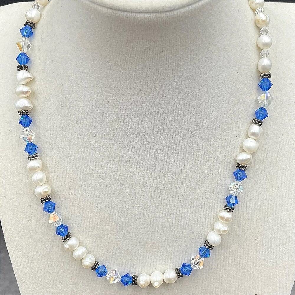 VTG Beaded Pearl Necklace Blue Crystal Rondelle Iridescent Strand Boho Wedding